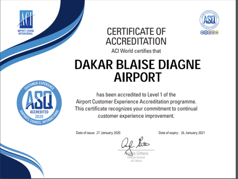 L’Aéroport Dakar Blaise Diagne premier aéroport accrédité en Afrique